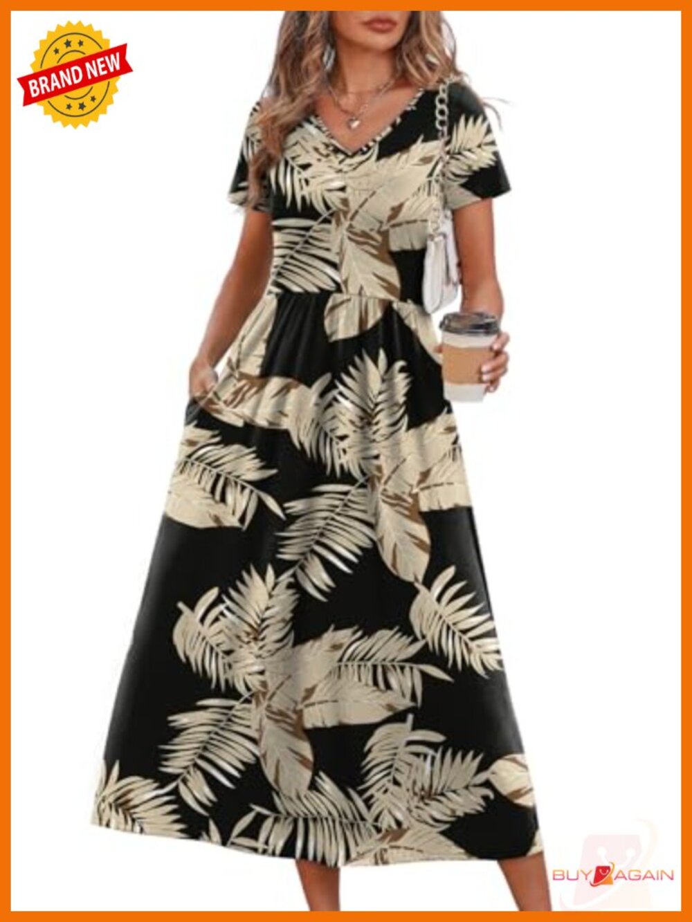 Flowy A-Line Midi Dress V-Neck Short Sleeve Casual Beach Vacation Sundress